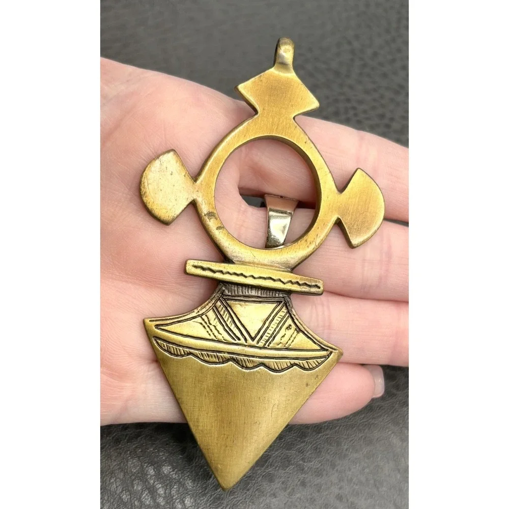 Tribal Mali Touareg Amulet Cross Pendant Long Brass Tone Geometric Signed VM